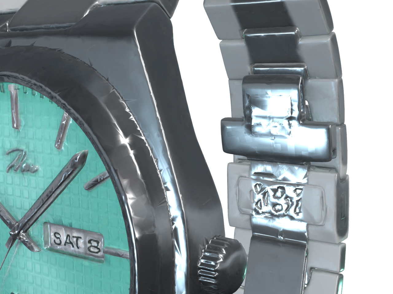 Macro render of the waffle-texture dial with day-date window