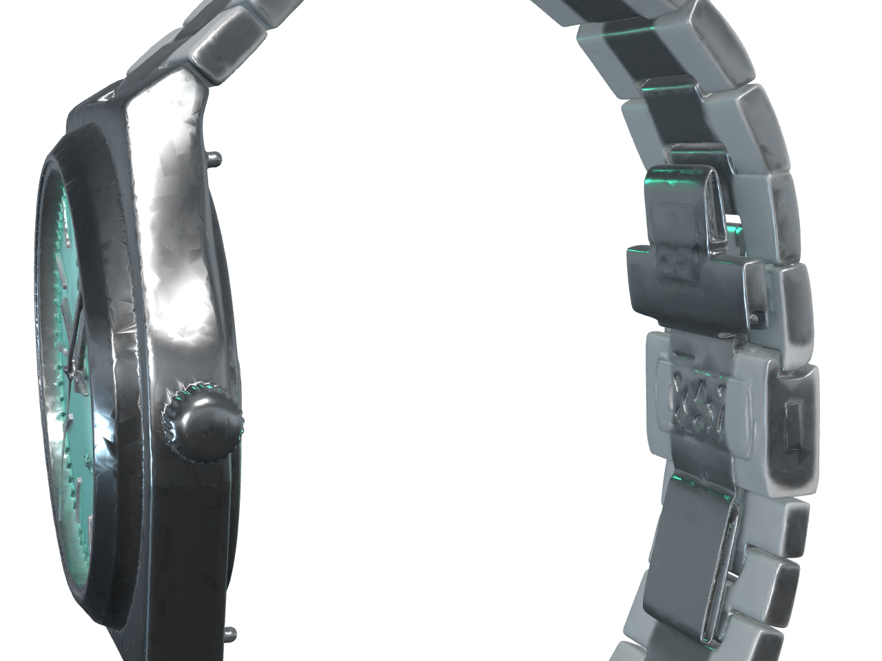 Side profile render showing the octagonal case and crown